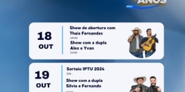 Chapadão do Sul comemora 37 anos com shows e sorteio de prêmios nos dias 18 e 19 de outubro