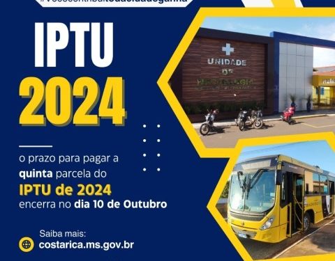 Prazo para quitação do IPTU 2024 em Costa Rica se encerra nesta quinta-feira