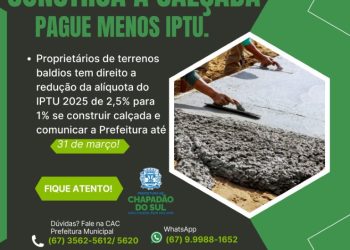 Chapadão do Sul oferece desconto no IPTU para proprietários que construírem calçadas