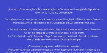 Nota Interna do Partido Liberal PL – Diretório Chapadão do Sul