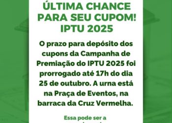 Prefeitura de Chapadão do Sul estende prazo para depósito de cupons da premiação do IPTU 2025