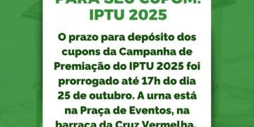 Prefeitura de Chapadão do Sul estende prazo para depósito de cupons da premiação do IPTU 2025